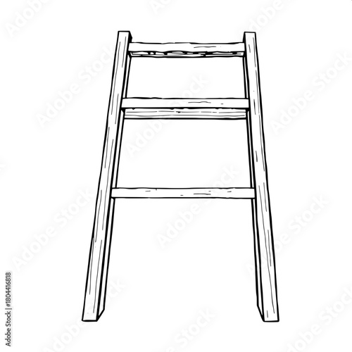 Simple architectural line art of a classic wooden stepladder, viewed directly from the front, with crisp black ink lines on a pristine white canvas, showcasing the ladder's rectangular rungs and verti