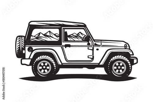 A bold black and white monotone drawing features an off roading SUV, highlighting rugged appeal