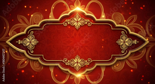 Ornate golden frame with intricate floral designs set against a rich, red background with sparkling particles.
