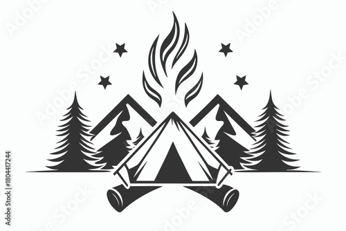 A charming shows a tent with a campfire in the woods under stars