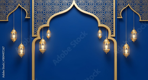 Elegant Islamic design featuring a golden archway with intricate patterns and hanging lanterns against a deep blue background.