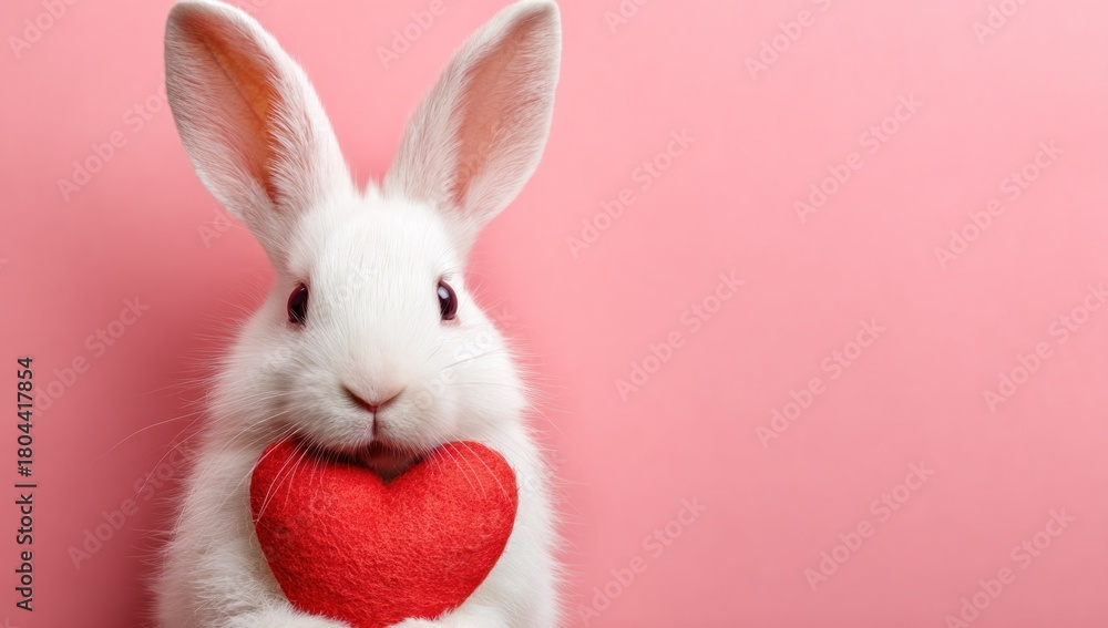 Obraz premium A fluffy white bunny holds a red felt heart against a pink background