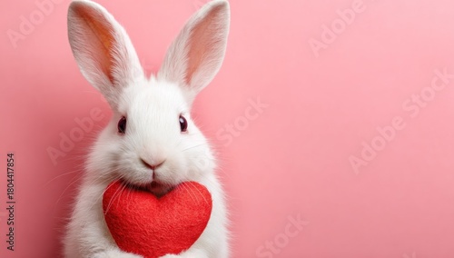 A fluffy white bunny holds a red felt heart against a pink background