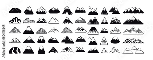 Set of mountain icons in diverse shapes, from simple peaks to detailed landscapes — suitable for outdoor activity graphics, maps, travel branding, and vector illustration projects.