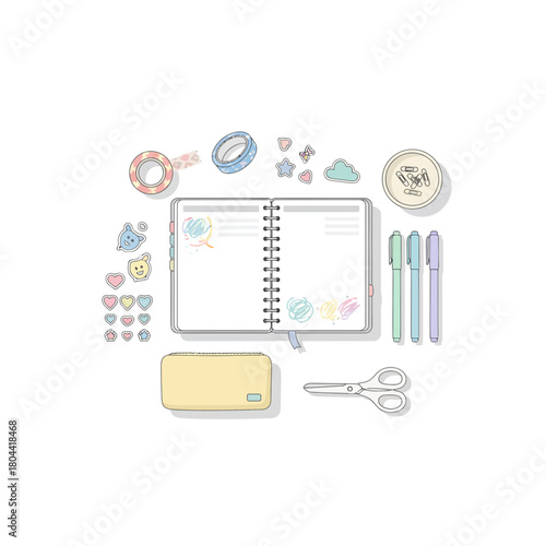 Creative Journaling Desk Setup with Stickers and Washi Tape – Minimal Flat Vector Illustration