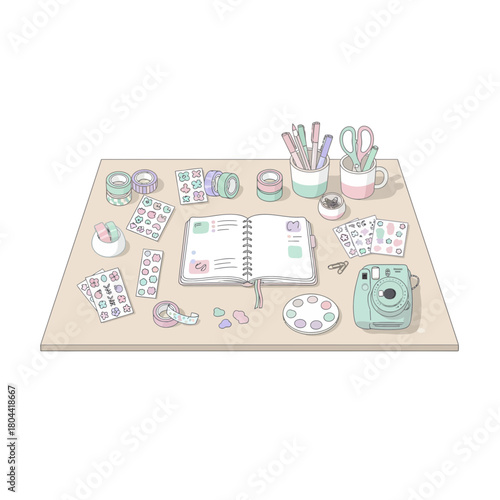 Creative Journaling Desk Setup with Stickers and Washi Tape – Minimal Flat Vector Illustration