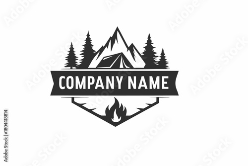 A monochromatic logo features trees, mountains, a tent, company name, and flame