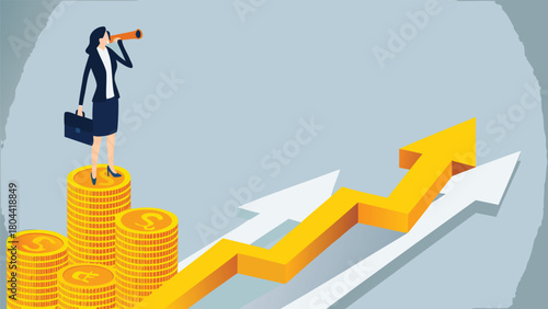 Businesswoman stands on a rising financial graph with an upward arrow symbolizing growth success and investment in a modern business context