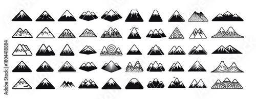 Mountain icon set featuring various shapes and styles, including peaks, hills, and landscapes — perfect for travel graphics, adventure branding, outdoor apps, and vector design projects.