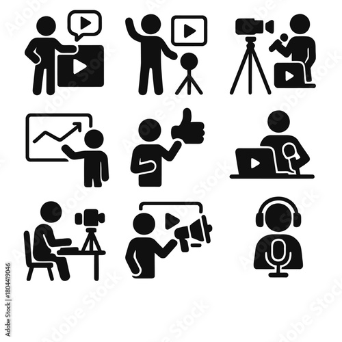 A detailed collection of vector icons in both line art and silhouette styles, illustrating the professional activities of a YouTuber, vlogger, or digital content creator.