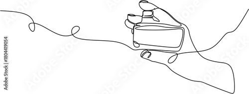 Continuous line drawing.  Female hand showing glass bottle with perfume. Vector illustration.