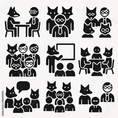 Conceptual Team Meeting and Business Collaboration Icons Set
