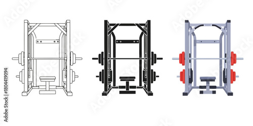 Smith machine Vector Set in Three Styles — Line Art, Silhouette and Color Version for fitness and workout equipment designs and gym related concepts a minimalist image