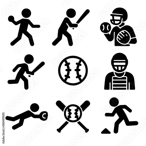 Baseball and Softball Vector Icon Set: Player Actions, Equipment, and Game Symbols