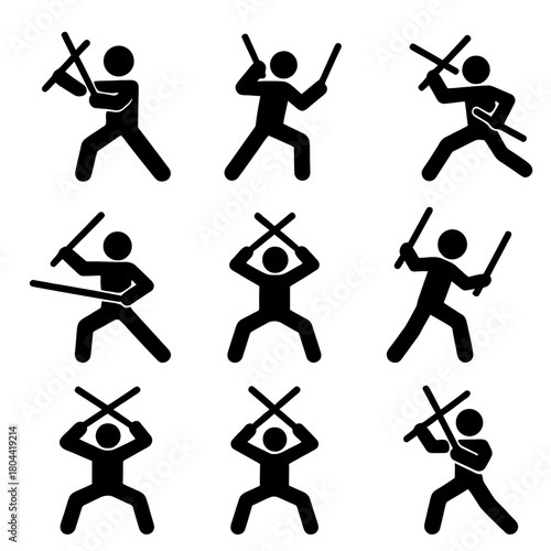 A detailed collection of black silhouette vector icons illustrating a person practicing weapon-based martial arts using two sticks.