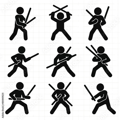 A detailed collection of black silhouette vector icons illustrating a person practicing weapon-based martial arts using two sticks.