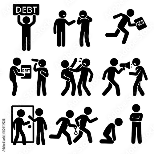 Debt Collector, Financial Harassment, and Money Collection Vector Icon Set