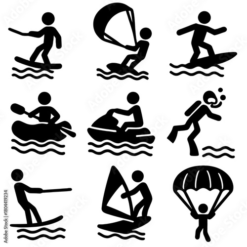 Extreme Water Sports and Beach Activities Vector Icons Set