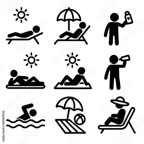 Sunbathing, Beach, and Summer Vacation Leisure Vector Icon Set