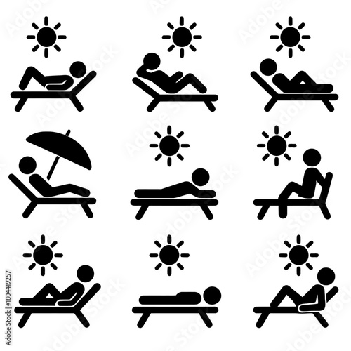 Sunbathing, Beach, and Summer Vacation Leisure Vector Icon Set