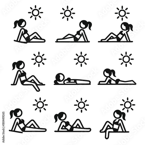 Sunbathing, Beach, and Summer Vacation Leisure Vector Icon Set