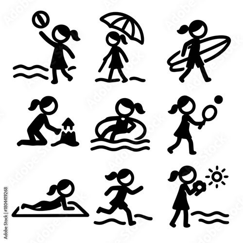 Children and Girl Beach Activities Stick Figures Vector Icons Set