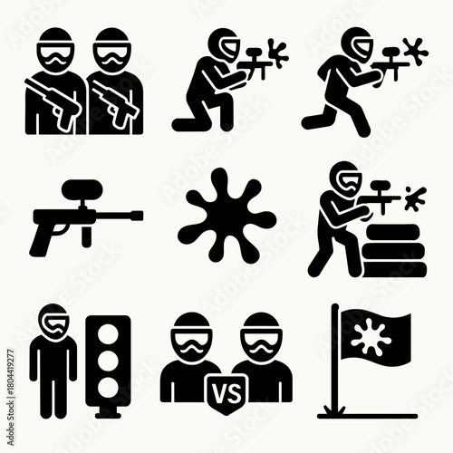 Paintball Game, Marker Gun, and Player Action Vector Icon Set
