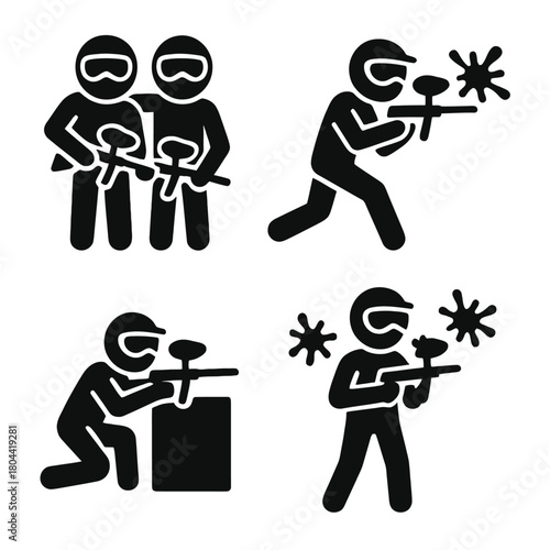 Paintball Game, Marker Gun, and Player Action Vector Icon Set