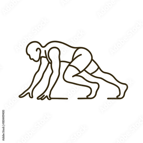 A clean vector line art icon of a person performing the bear crawl or sprinter start position, symbolizing functional fitness, primal movement, strength training, and athletic preparation.