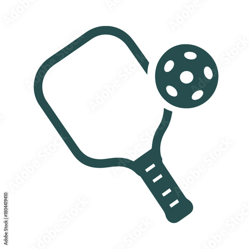 A simple, solid navy blue vector icon illustration of a pickleball paddle paired with a wiffle ball, isolated on a clean white background, representing the popular sport.