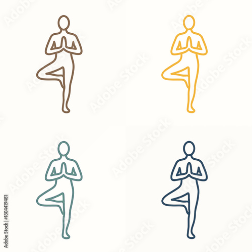 Set of Colored Outline Yoga Tree Pose Icons