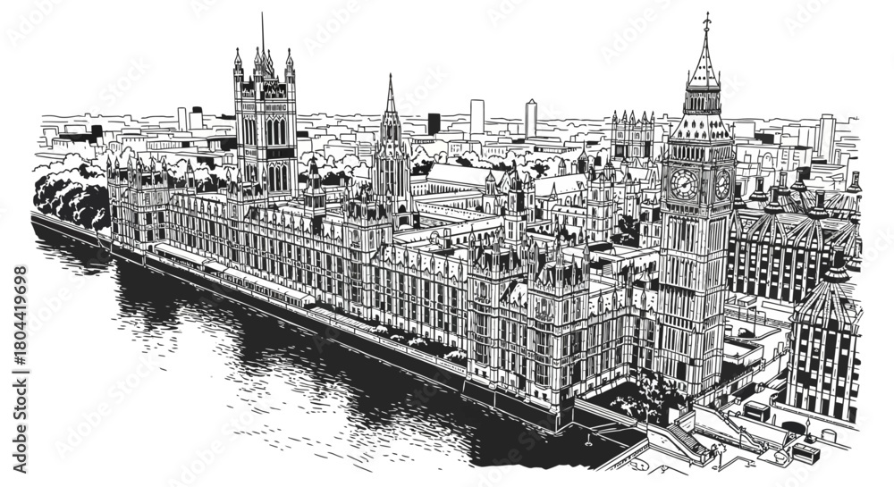 Obraz premium architectural line art drawing of londons iconic palace of westminster and big ben showcasing british parliament by the thames.