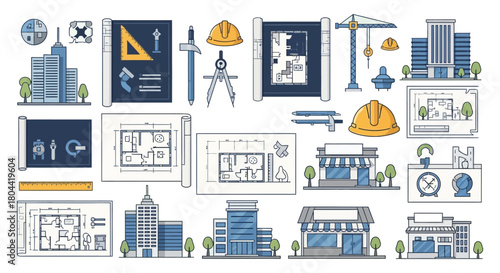 architectural design and construction flat icon set displaying detailed blueprints urban buildings and essential engineering tools.
