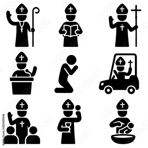 A large and detailed collection of vector icons in both line art and silhouette styles featuring a high-ranking Catholic or Christian clergyman such as a Pope or Bishop.