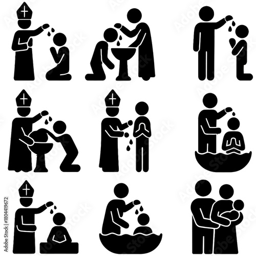 Christian Baptism Sacrament and Clergy Ritual Vector Icon Set