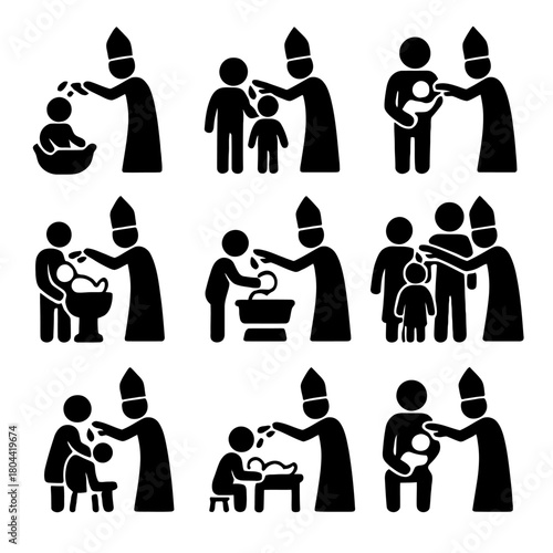 Christian Baptism Sacrament and Clergy Ritual Vector Icon Set