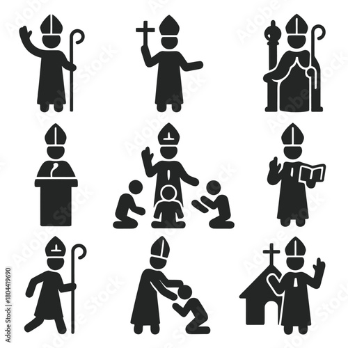 A large and detailed collection of vector icons in both line art and silhouette styles featuring a high-ranking Catholic or Christian clergyman such as a Pope or Bishop.