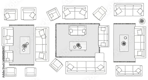 architectural furniture top view collection including sofas chairs tables for interior design planning and room plans.