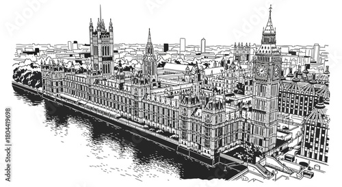 architectural line art drawing of londons iconic palace of westminster and big ben showcasing british parliament by the thames.