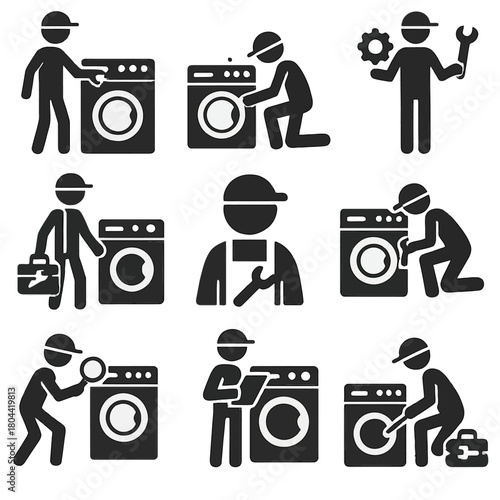 A detailed collection of black silhouette vector icons featuring a repair technician or service worker performing maintenance and repair on a washing machine.