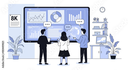 business professionals analyzing data on a large 8k display in a modern office fostering teamwork and strategic planning