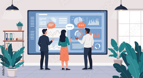 business professionals analyzing data on a large screen discussing charts in a modern office illustrating market research analytics and strategy.