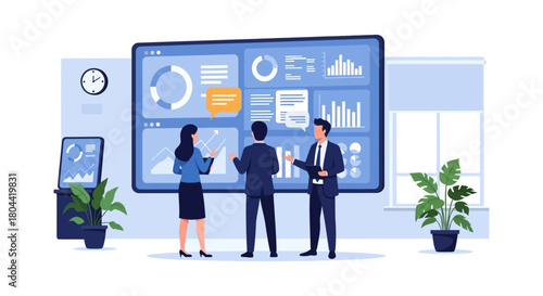 business professionals analyzing data on a large screen in a modern office fostering collaboration and strategic financial planning