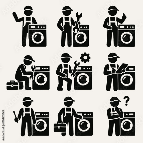 A detailed collection of black silhouette vector icons featuring a repair technician or service worker performing maintenance and repair on a washing machine.