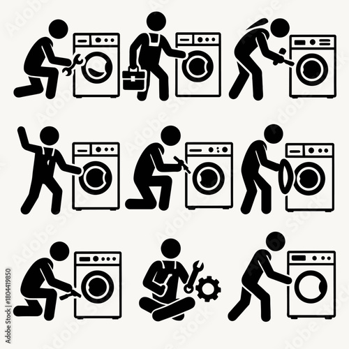 A detailed collection of black silhouette vector icons featuring a repair technician or service worker performing maintenance and repair on a washing machine.