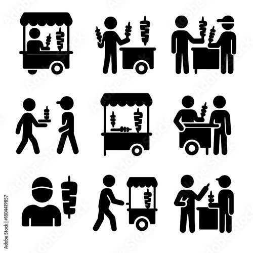 Kebab, Shawarma, and Street Food Vendor Vector Icon Set