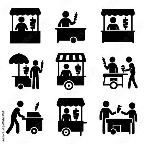 Kebab, Shawarma, and Street Food Vendor Vector Icon Set
