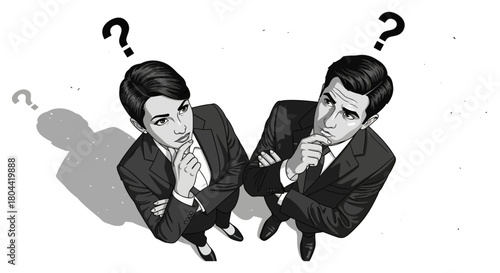 business professionals looking up question marks above their heads symbolizing strategic thinking complex challenges and problem-solving.