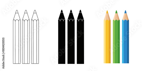 Three Uncolored Pencils Stand in a Row Vector Set in Three Styles — Line Art, Silhouette and Color Version  for Artistic Expression and Creative Design Projects