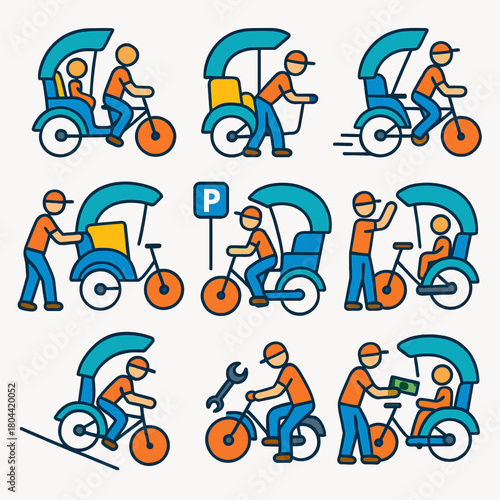 A detailed collection of vector icons featuring the Becak (a cycle-rickshaw common in Indonesia) and its driver.
